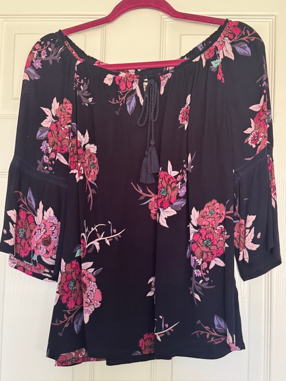 Bila Navy Peasant Blouse with Pink Floral Print